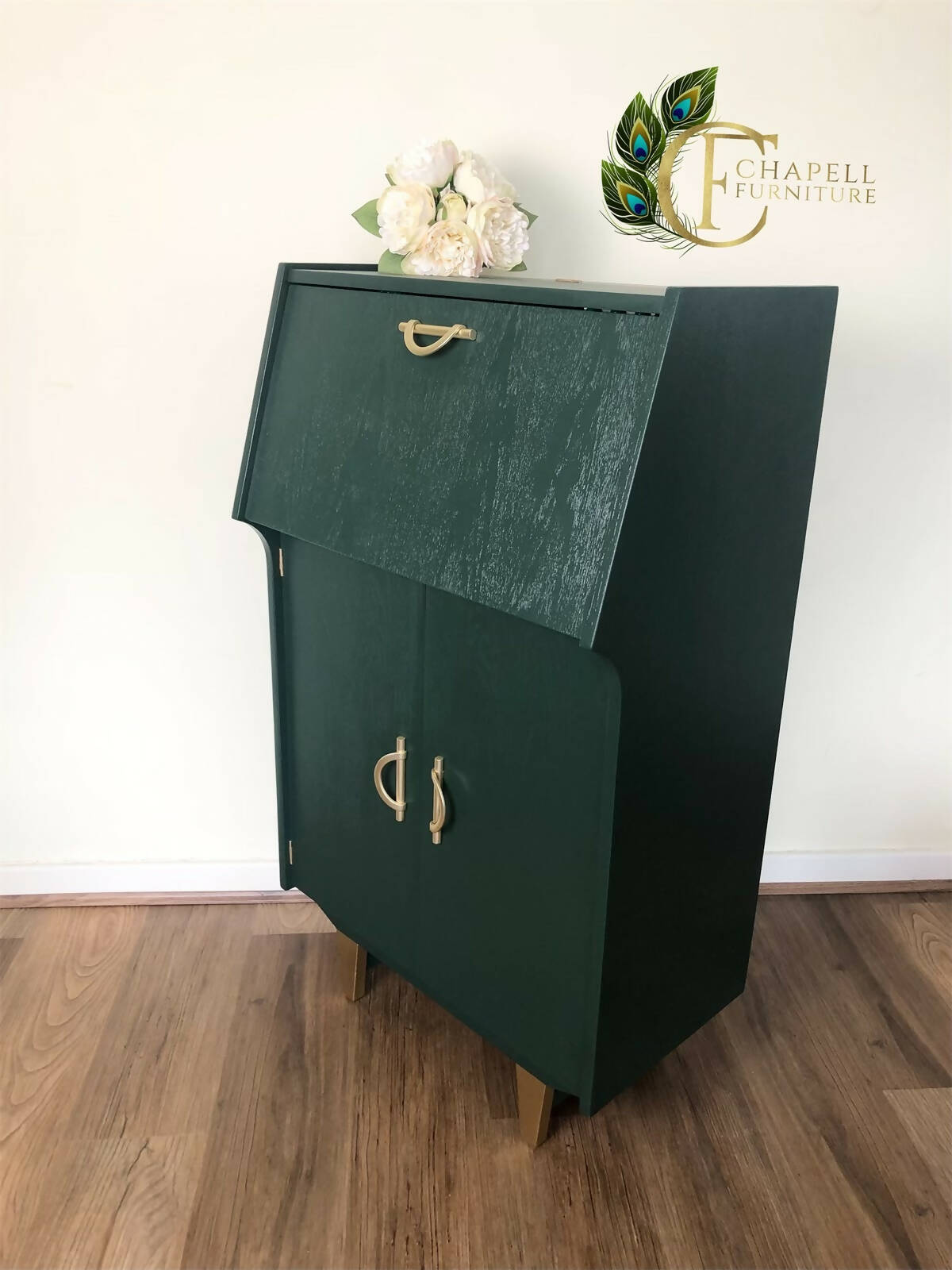 Mid Century Cocktail Cabinet, Drinks Cabinet, Home Bar in British Racing Green and Gold colour