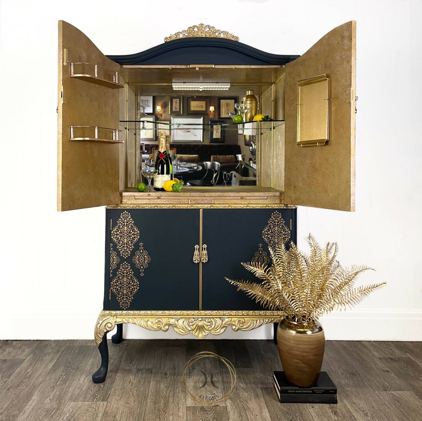 Queen Anne Style Dark Blue Cocktail Cabinet