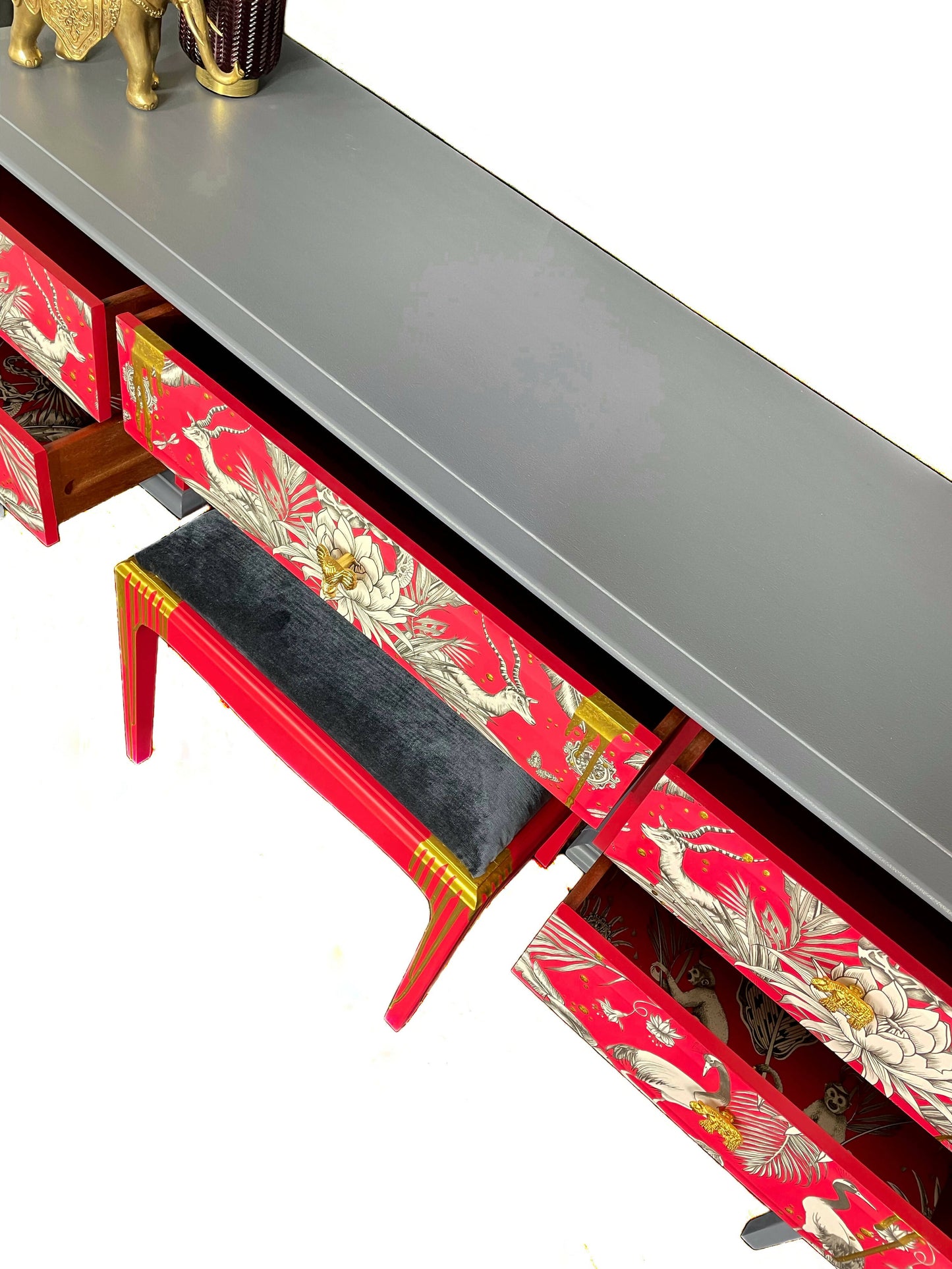 Red and grey decoupaged Stag dressing table/ desk