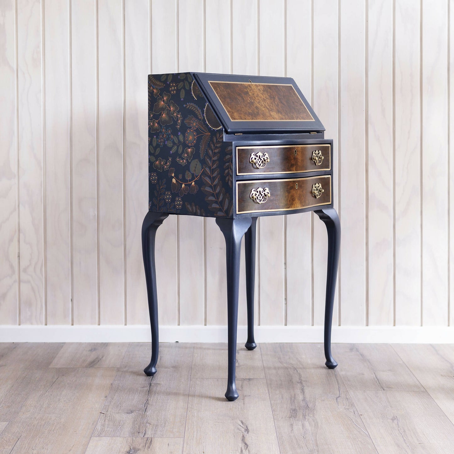 A truly unique vintage women's writing desk, transformed with the enchanting blue Verbena Kew Gardens cotton fabric decoupage.