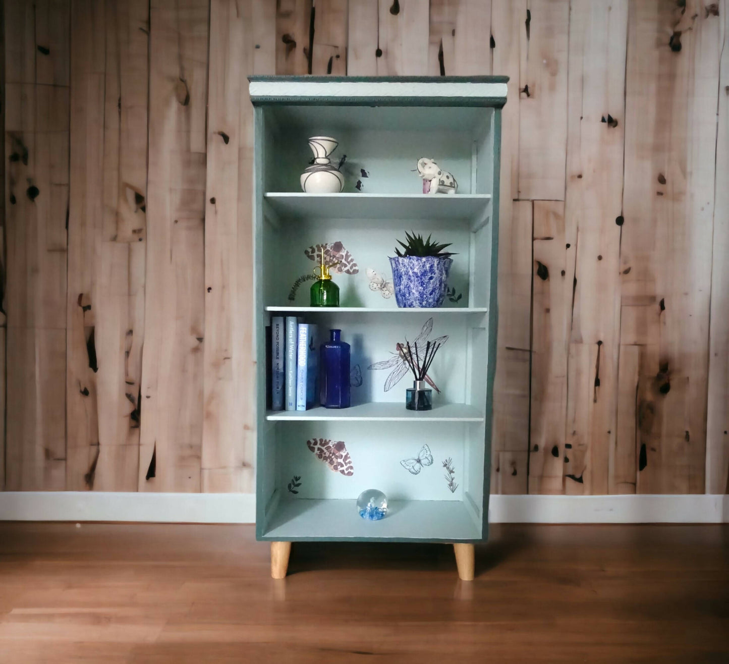 Wooden Shelving Unit with 4 Shelves Decorated with Butterflies and Dragonflies