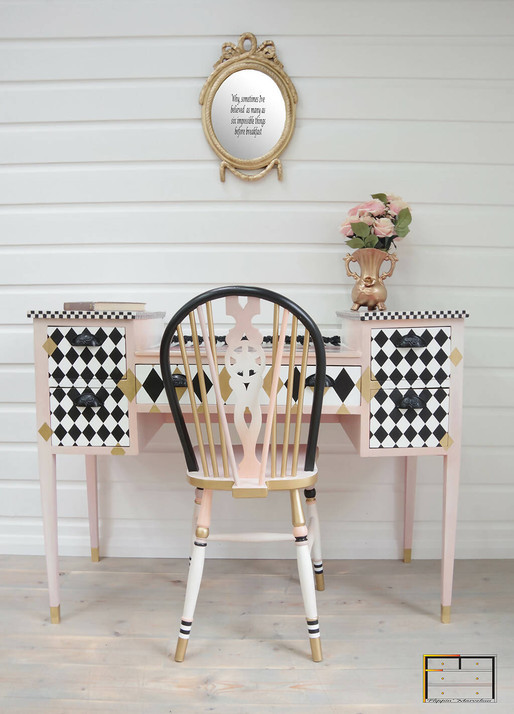 ****** SOLD OUT ****** Whimsical Edwardian Desk & Chair, Black, White, Roses, Diamonds, checks and stripes Alice in Wonderland Dressing Table and Windsor Chair