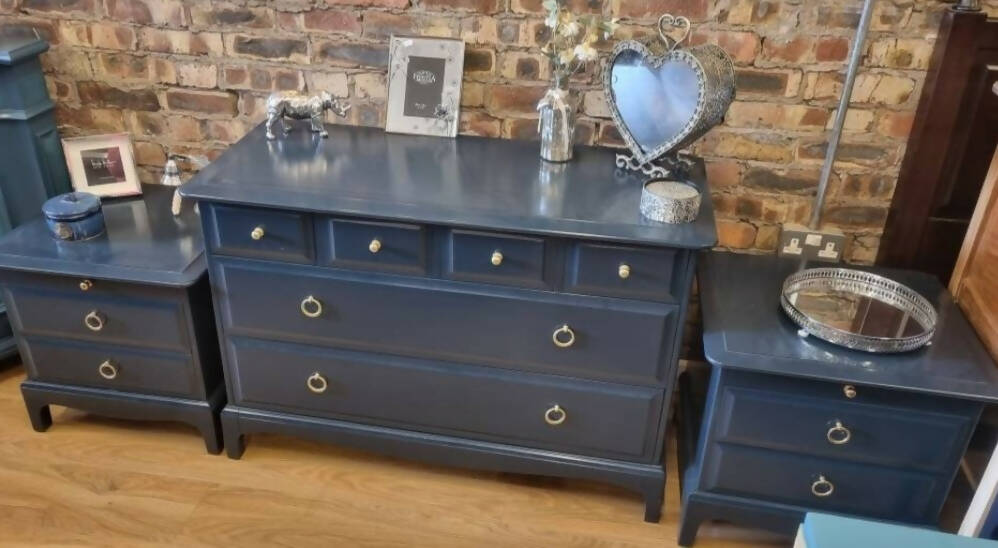 Upcycled Refinished Beautiful Set of Stag Minstrel Vintage Drawers and 2 Matching Sidetables