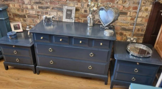 SOLD OUT Upcycled Refinished Beautiful Set of Stag Minstrel Vintage Drawers and 2 Matching Sidetables