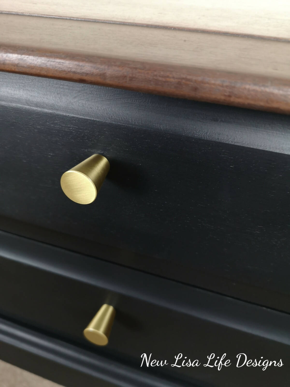 Stag Minstrel 6 drawer console table. Black with stripped & restored top with dark stain.