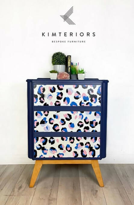 Leopard Print Chest of Drawers in Blue and Pink