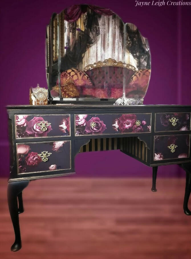 SOLD Black Floral Vintage Dressing Table