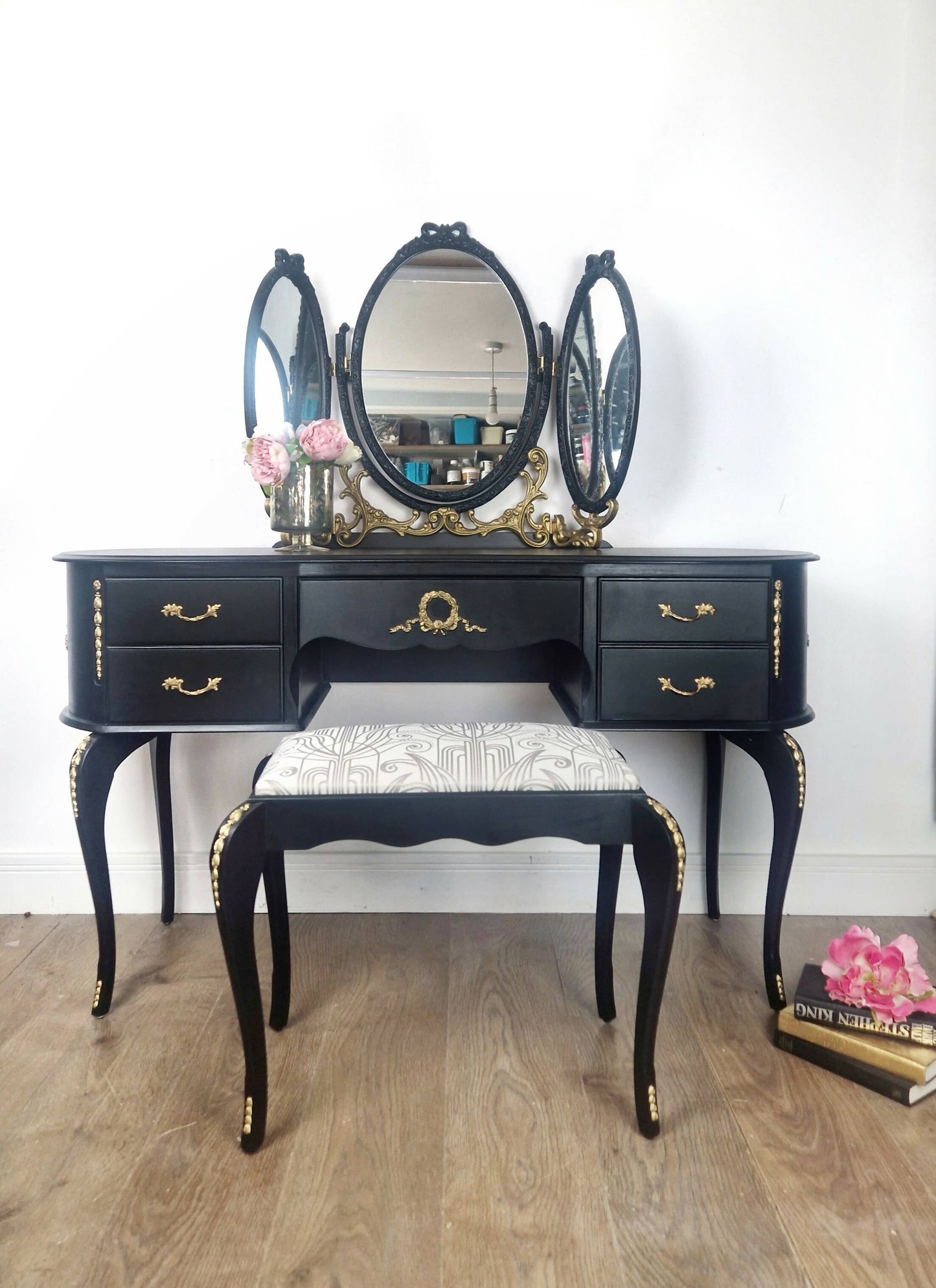 Vintage Black Carved French Dressing Table & Stool