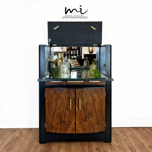 Refurbished Art Deco cocktail cabinet, walnut drinks cabinet, black and gold, gin bar