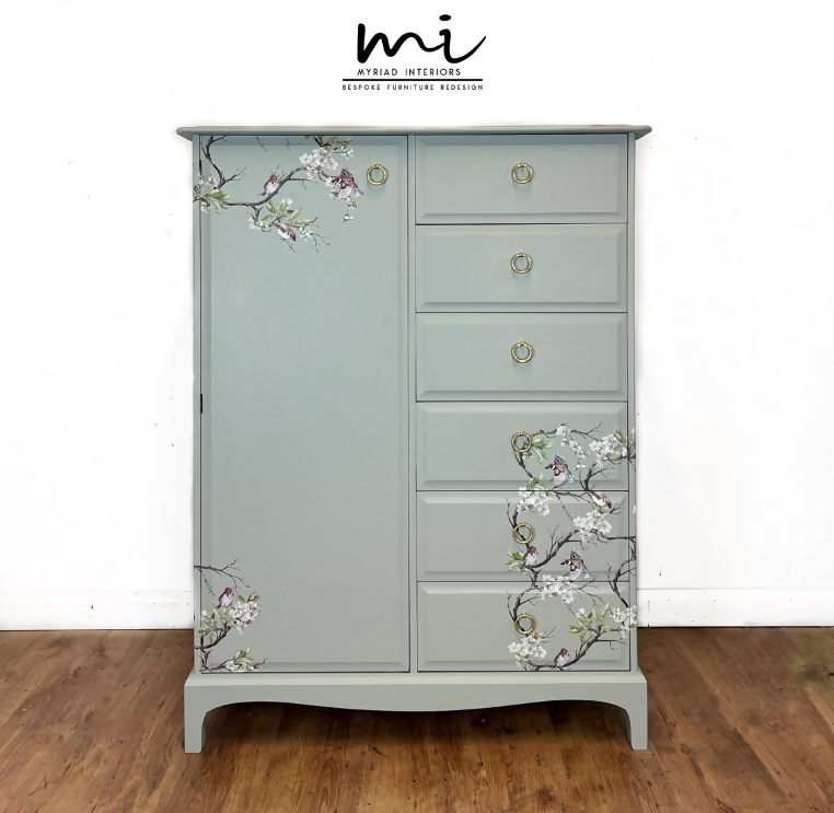 Refurbished pretty Stag Minstrel wardrobe, gentleman’s, pale sage green, eucalyptus, dresser, chest of drawers - SOLD commissions available