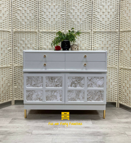 Nathan Squares White Sideboard with 4 Drawers and Large Cupboard. Painted in Wise Owl Enamel, colour Kashmir and gold (Harriet)