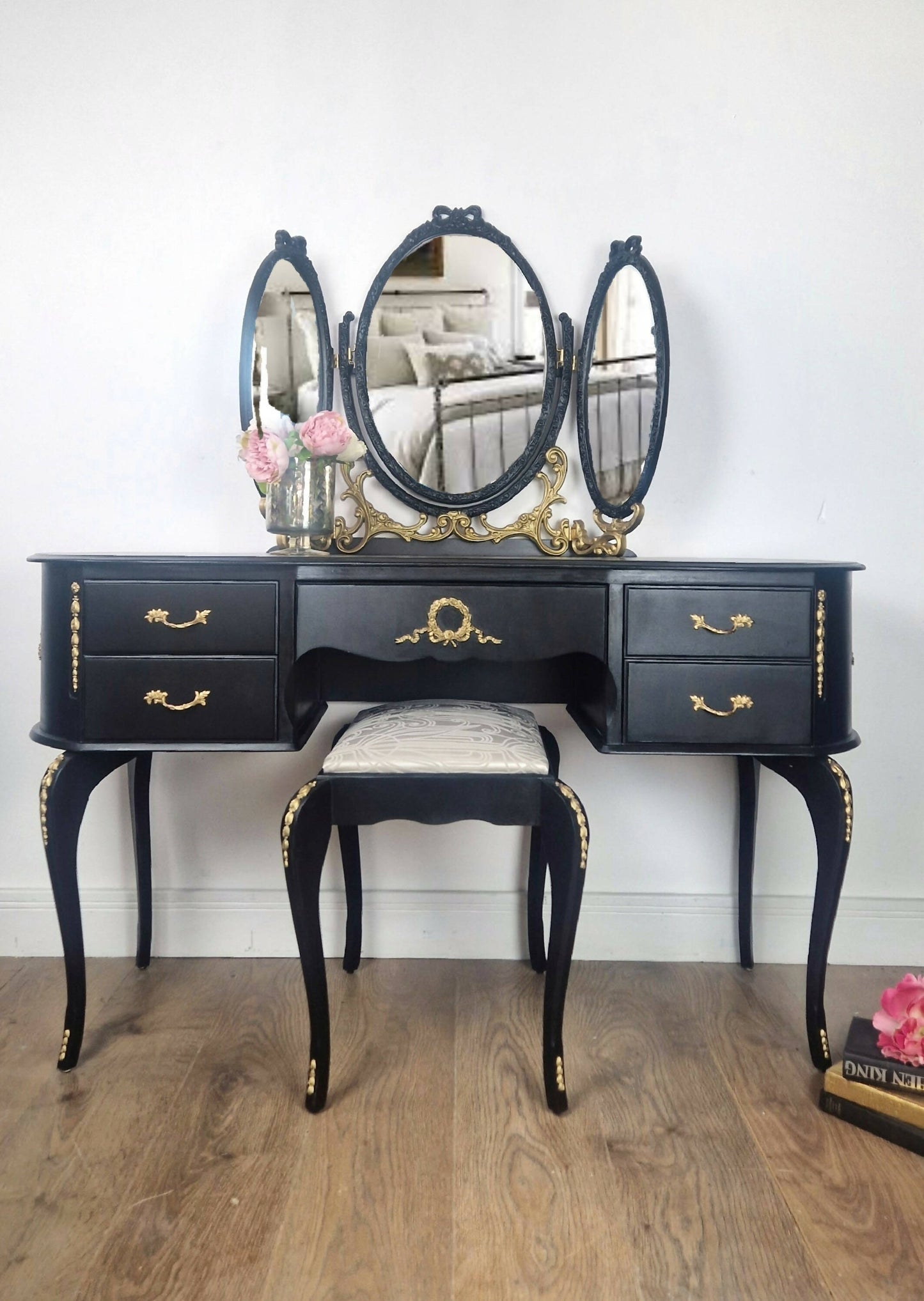 Vintage Black Carved French Dressing Table & Stool