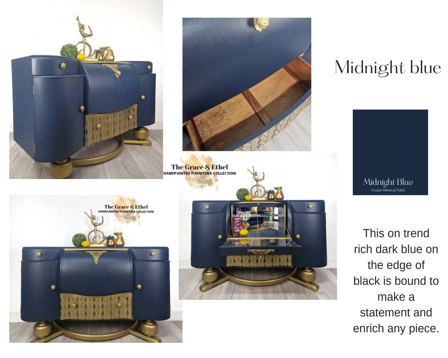 Navy Blue Art Deco Display Cabinet / Sideboard