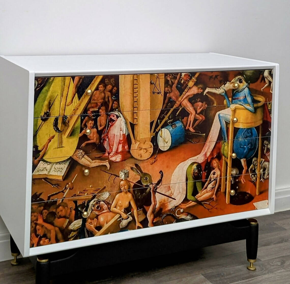 Vintage Gplan Upcycled Chest of Drawers. Classic Art, Hieronymus Bosch. White Mid Century