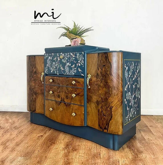 Vintage Nathan Drinks Cabinet with peacock design Art Deco walnut Cocktail cabinet, Sideboard