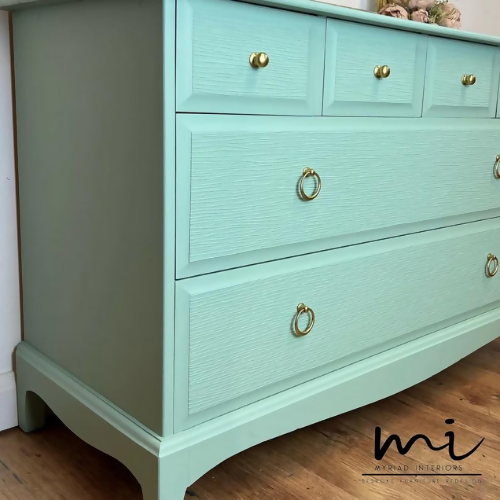Refurbished Stag Minstrel chest of drawers, textured decoupage, dresser, draws, blue green mint, sideboard - commissions available