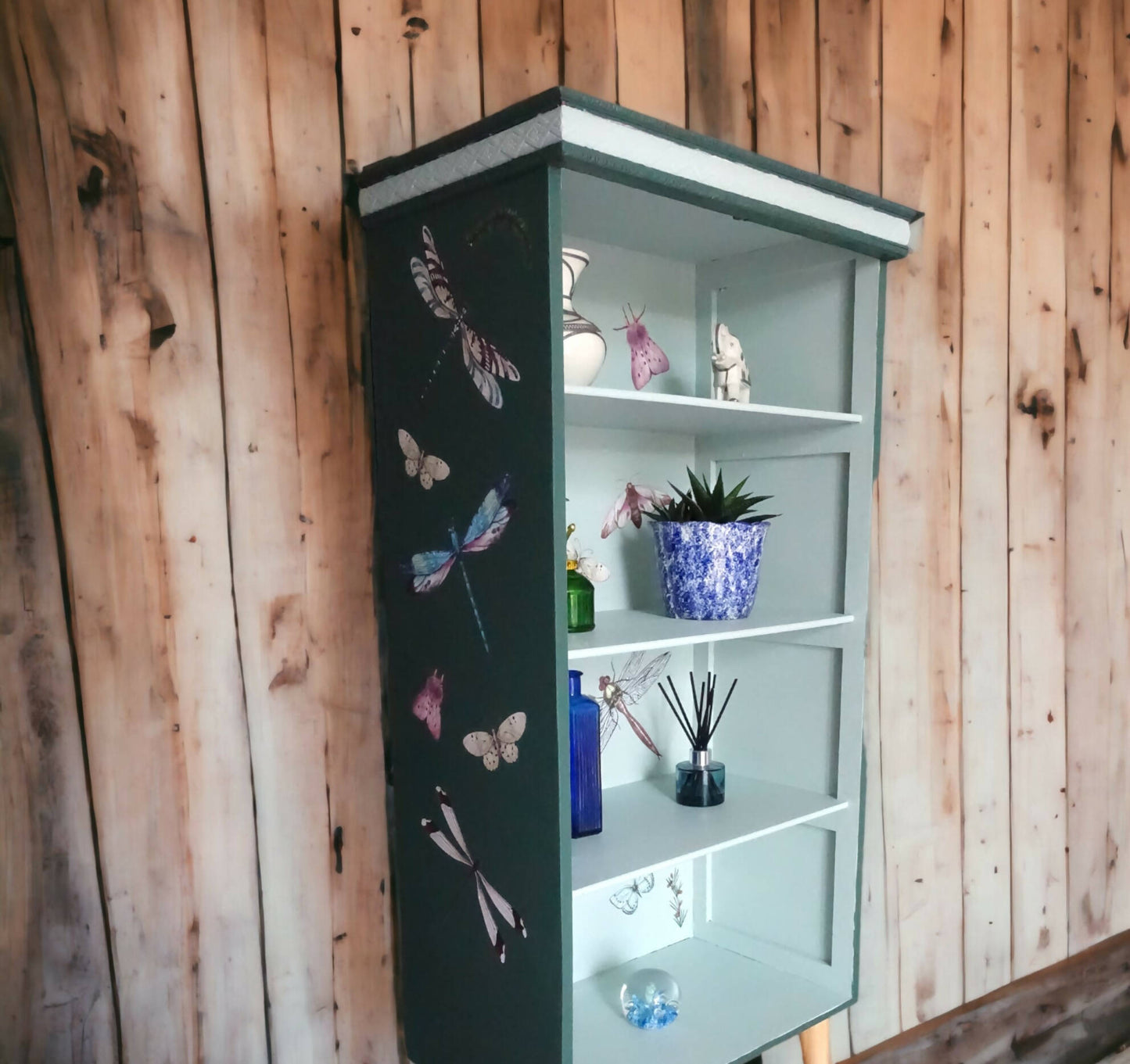 Wooden Shelving Unit with 4 Shelves Decorated with Butterflies and Dragonflies