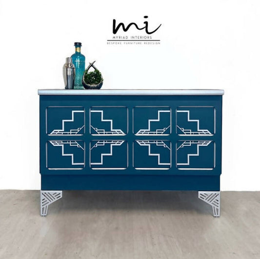 Refurbished Nathan sideboard, teal blue silver retro tv media unit, cocktail drinks cabinet