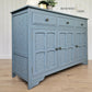 Dusky Blue Antique Panelled Oak Sideboard, with raised pattern detail.