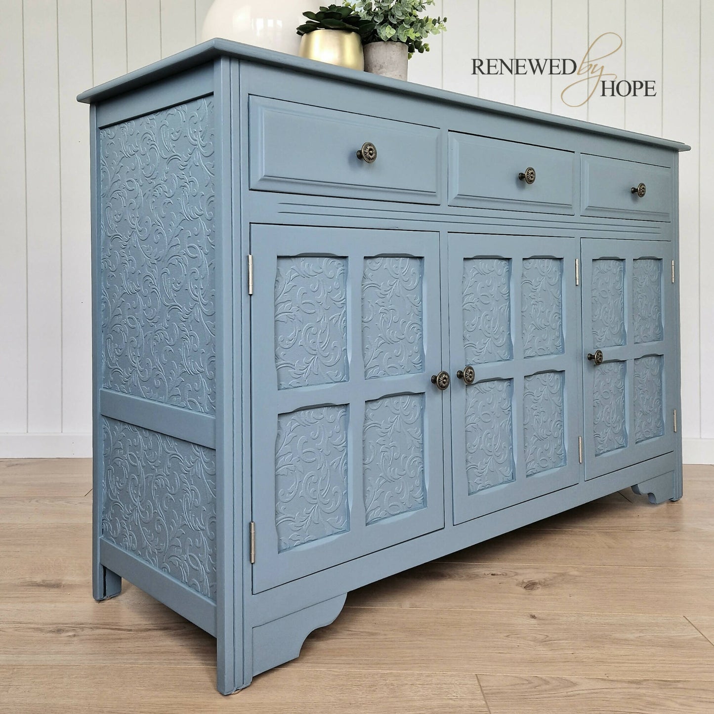 Dusky Blue Antique Panelled Oak Sideboard, with raised pattern detail.