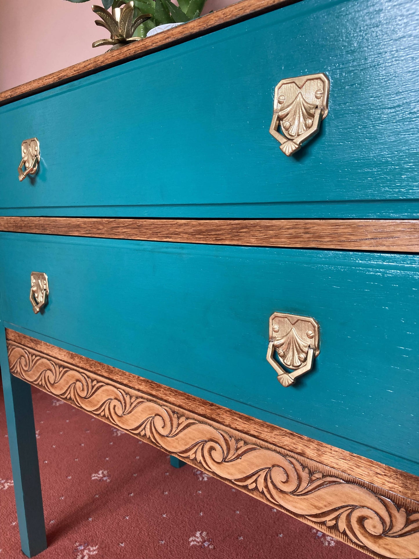 Upcycled vintage chest of drawers in turquoise with Lemur print lining