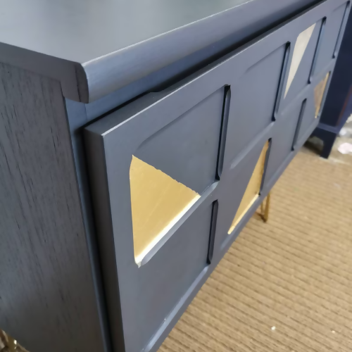 Mid Century Nathan Sideboard, console, cocktail cabinet, storage, cupboard. Dark grey and gold metal leaf, hairpin legs