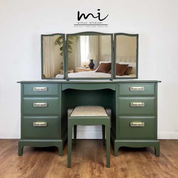 Refurbished vintage Stag Minstrel Dressing table set, mirror, stool, upcycled, olive green, mid century modern - SOLD commissions available