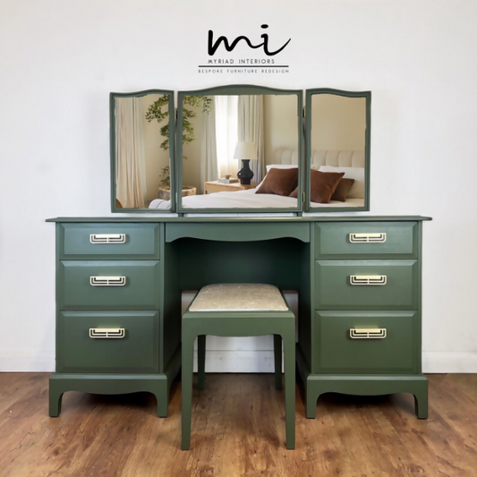 Refurbished vintage Stag Minstrel Dressing table set, mirror, stool, upcycled, olive green, mid century modern