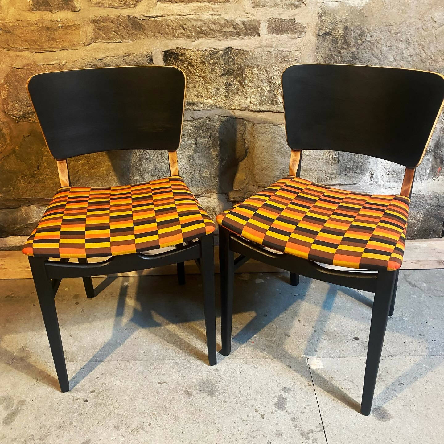 Vintage Beautility Dining Chairs Upholstered In London Transport Fabric