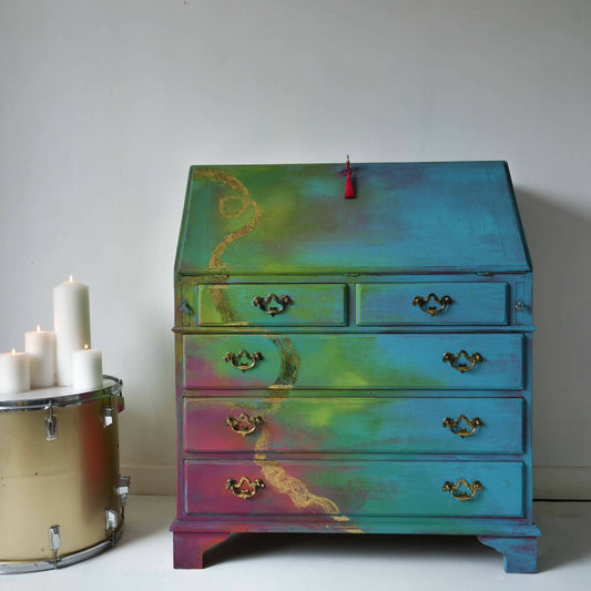 Desk - Colourful Bureau - Upcycled Furniture - Gold- Boho Furniture - Desk - Hand Painted Cabinet - Boho Writing Desk- Wood