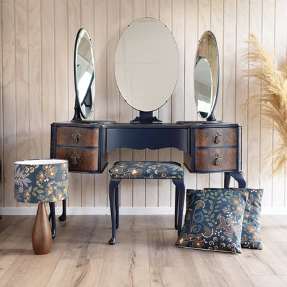 One of a kind blue vintage Queen Anne stye dressing table decoupaged in a stunning Verbena Kew Gardens fabric. Sold, commission available.