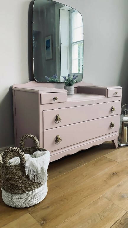 Made to Order Available for commission Harris Lebus Vintage MCM Dressing Table dresser Chest of Drawers with Mirror in pink Available Now