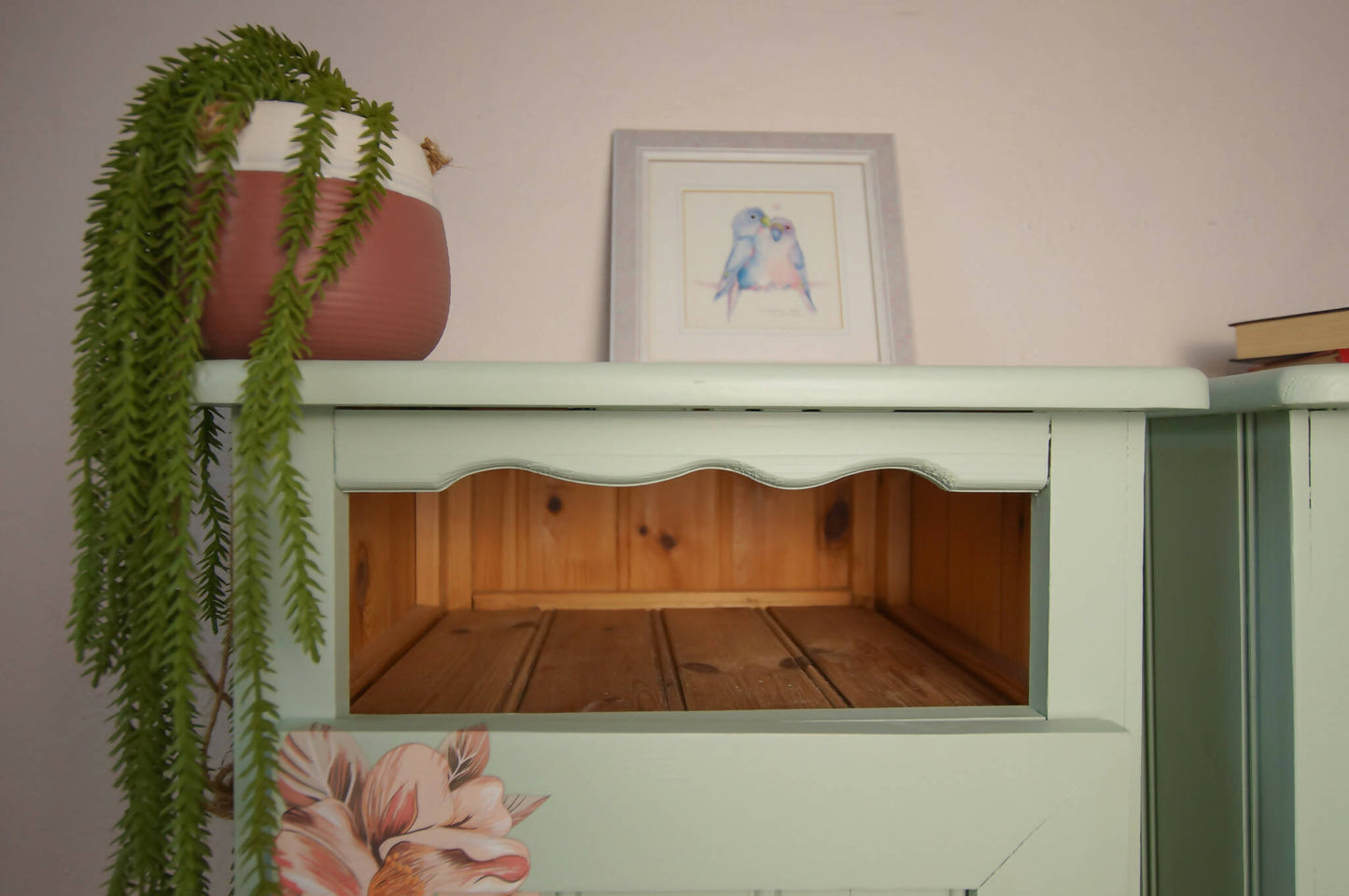 Modern Pine Floral Pale Green Bedside Tables