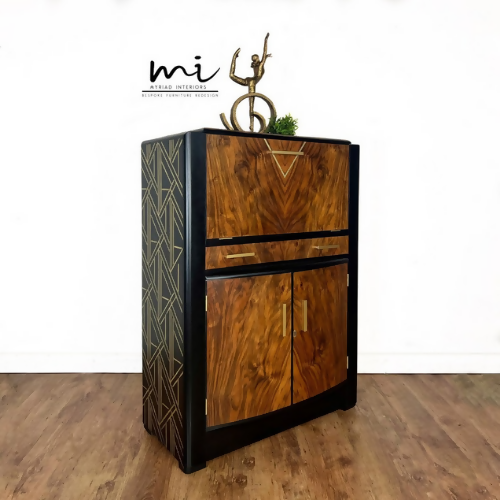 Refurbished Art Deco cocktail cabinet, walnut drinks cabinet, black and gold, gin bar