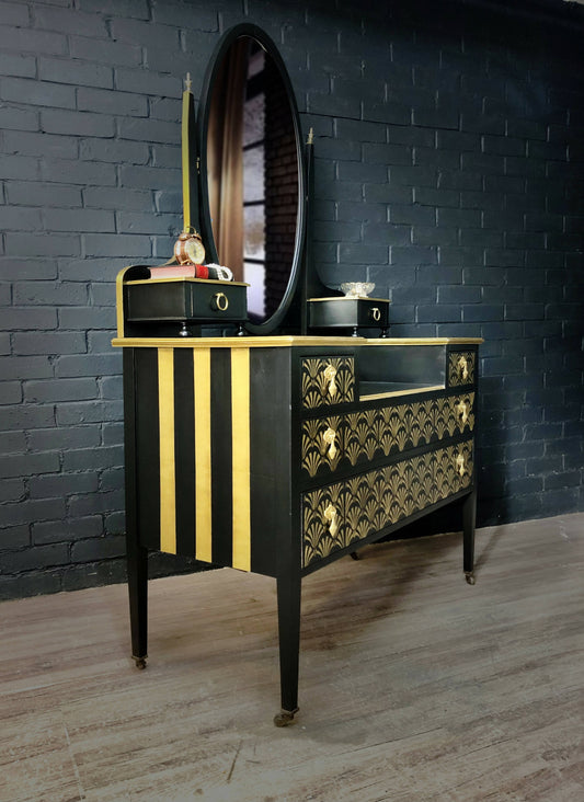 MADE TO ORDER: Original Vintage Painted Dressing Table, Art Deco Inspired Refinished Dressing Table in Black and Gold Leaf & stencilling, Hallway Table