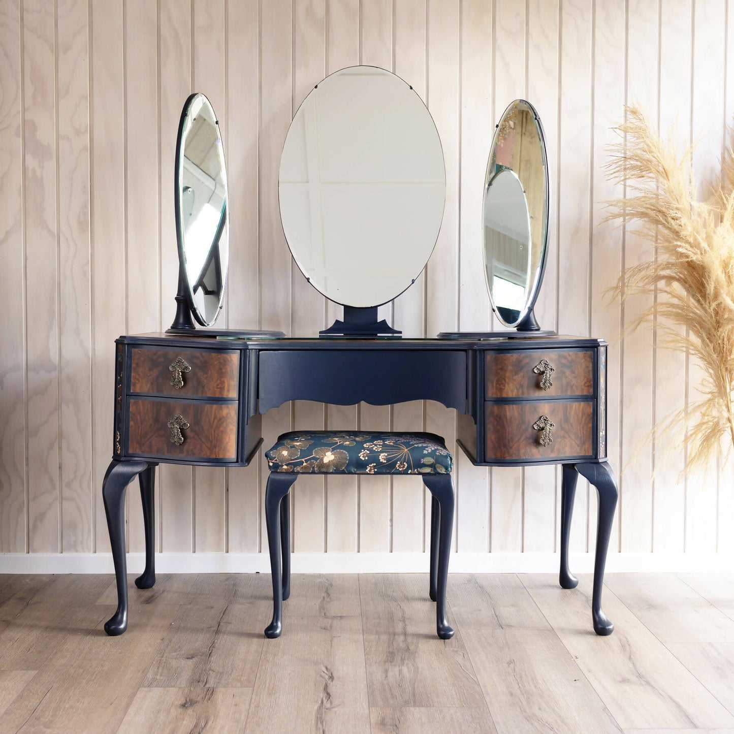 One of a kind blue vintage Queen Anne stye dressing table decoupaged in a stunning Verbena Kew Gardens fabric. Sold, commission available.