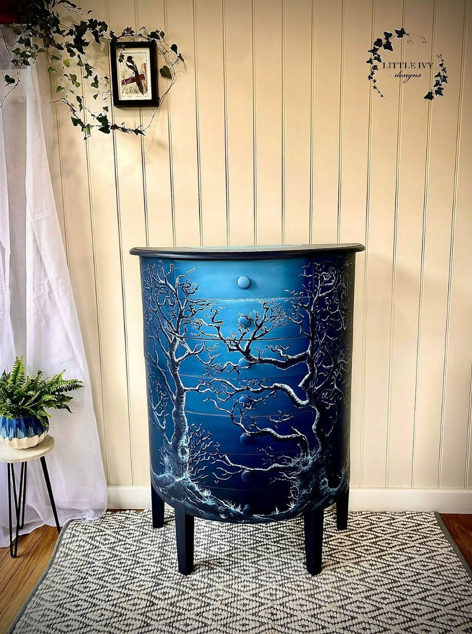 SOLD Demi Lune Moonlight Forest Drawers - Free hand painted blue semi circle 7 drawer chest