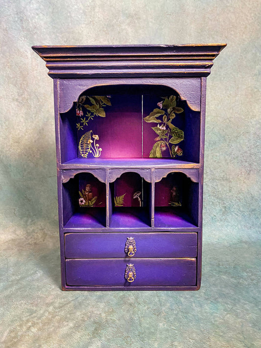 Apothecary cabinet wall mounted display shelf and drawers in purple & pink