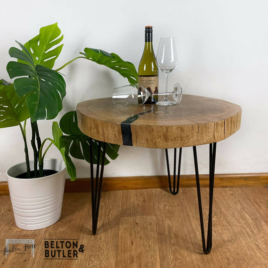 Oak Slice Black Resin Coffee Table, Side Table