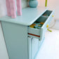 Vintage Pine Retro Sideboard, Teal Kitchen Cupboard Tropical Interior, 1970s Pastel Dopamine Decor Storage Unit, Yellow Cup Handles