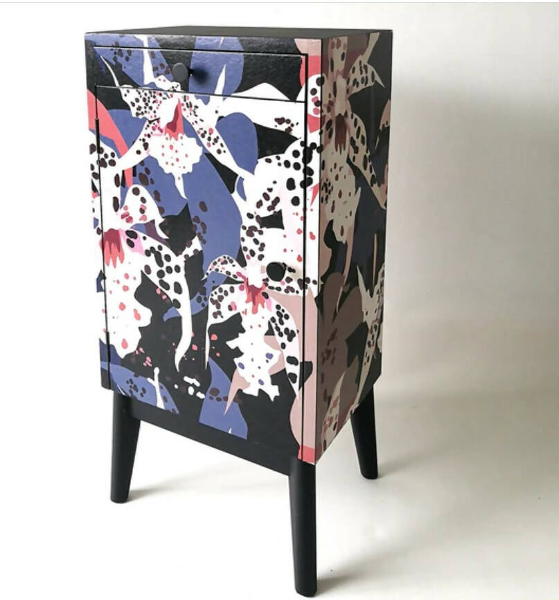 SALE Small Vintage Oak Bedside Cabinet. Pop Art Orchids