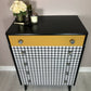 Retro Mid Century Chest of 5 drawers, Hand painted in black satin with Dogtooth pattern decoupage