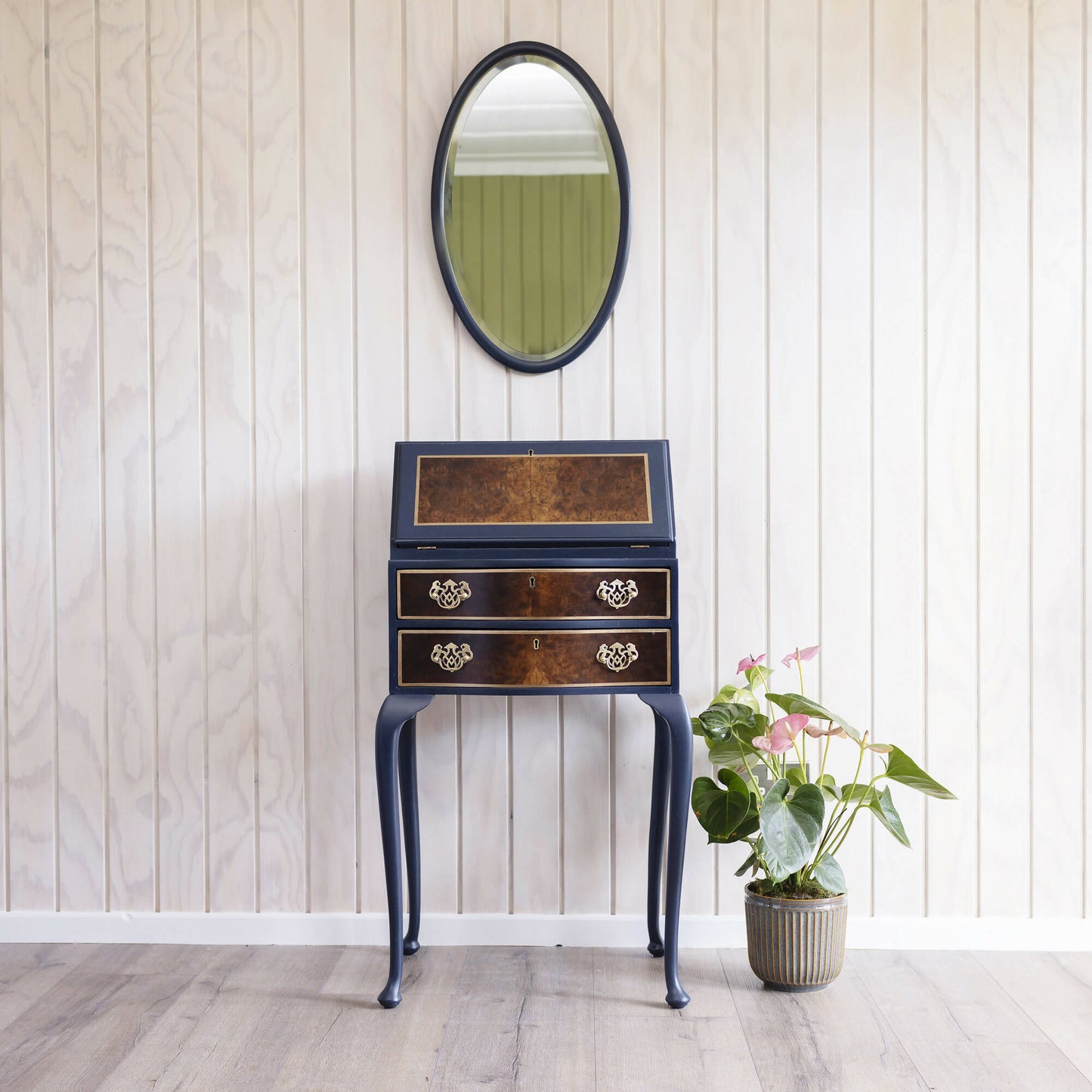 A truly unique vintage women's writing desk, transformed with the enchanting blue Verbena Kew Gardens cotton fabric decoupage.