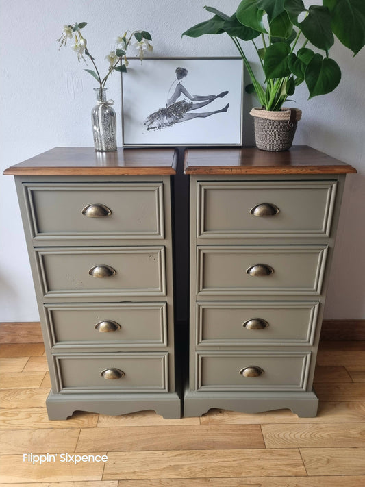 SOLD OUT Pair of Vintage Drawers finished in a Classic Hampton Olive Green with Stunning Wood Tops