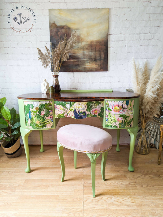 Queen Anne Painted Walnut Bedroom Set - Dressing Table, Vanity, Desk, Sideboard and Stool, Statement, Maximalist MADE TO ORDER