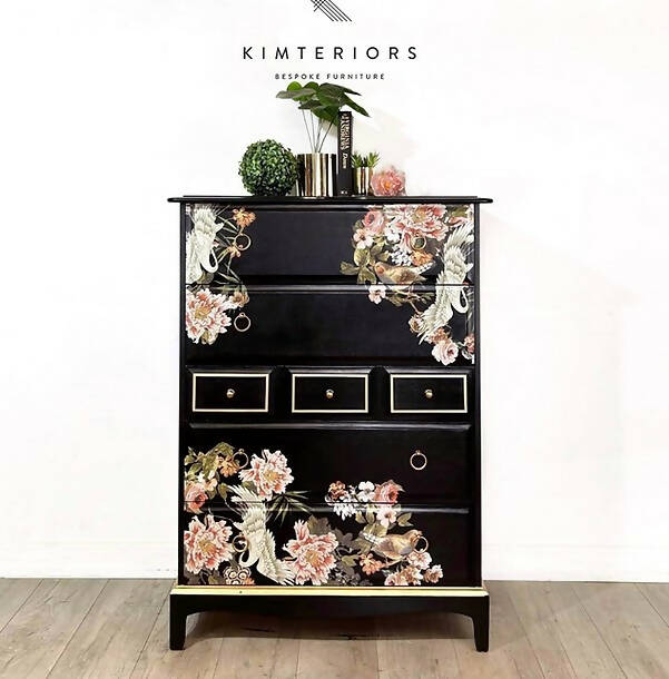 Stag Tallboy Chest of Drawers in Black and Gold Chinoiserie