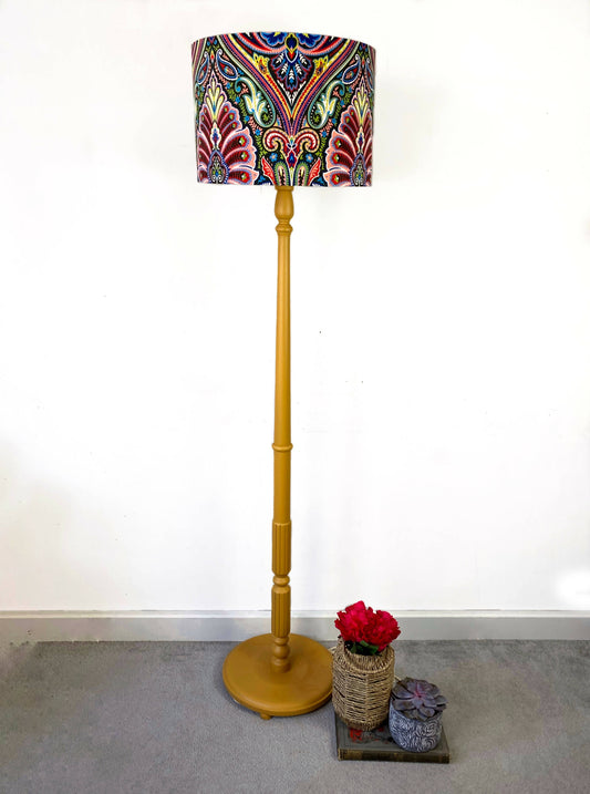 Yellow bright vintage standard lamp with velvet shade