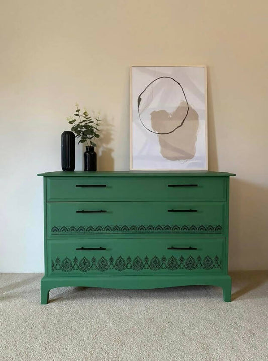 *STOCK CLEARANCE* Trendy Boho Style Green and Black Stag Large 3 Drawer Chest