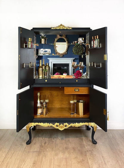 Peacock Queen Anne Drinks Cabinet in Navy Blue and Gold