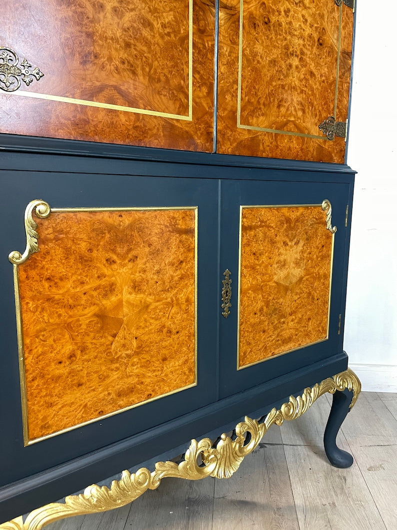 Peacock Queen Anne Drinks Cabinet in Navy Blue and Gold